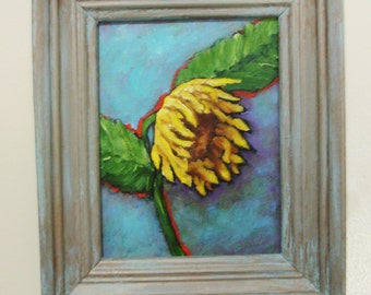 SUNFLOWER Painting - Wonderful sunflower bloom - Acrylic on canvas board - 10 x 12 -Upcycled frame