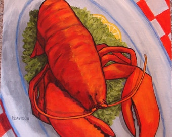 Lobster PAINTING - Still Life - 12x12 Acrylic on deep edged canvas- kITCHEN art