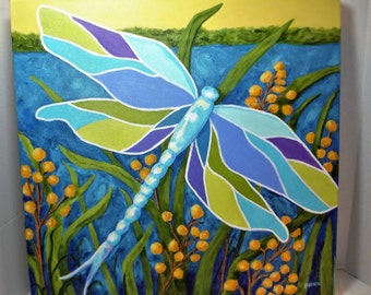 DRAGONFLY Painting -18x18 Deep Edge canvas -Bold Color- Original  Art