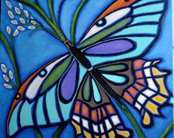 BUTTERFLY Painting- Nature Art -18x24 inch deep edge canvas -Blues and more colors- Bold Butterfly painting