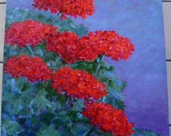 RED Geraniums Painting - 20x20 Deep Edge Canvas -Original art  -  Floral Art - Nature Art