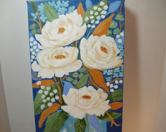 White Roses Painting - Original Art -10x20 deep edge canvas - White roses in vase - deep blue background