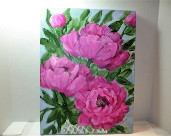 Peony painting -Deep Pink Peonies - Floral Art - Pink Flower Painting- Peonies in glass vase - 16x12 Deep edge canvas - Wired to hang