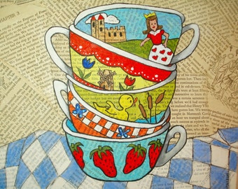 Vintage Toy Tea Cup Art - Painted on Vintage book pages - 12x12 deep edge canvas-Original Nostalgic art-Vintage Tea cups