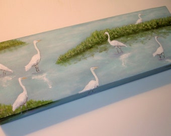 EGRET Painting -THE WADERS - 8x16 original painting -Deep edge canvas - Egrets wading - Nature- Bird art