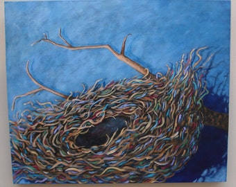 20 x 24 BIRD NEST Painting- Deep edge canvas art - Multi Colored Beautiful Bird Nest Art - Original Acrylic Art- Blue Background