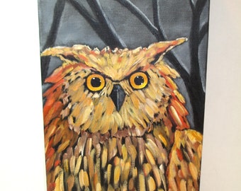 Forest Owl -Original Owl Painting - Wonderful Color - Night Background of Trees - 8x16 Deep Edge Canvas