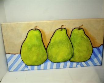 Pear Painting - Original Art - Pears on Blue striped Linens - 10x20 Deep edge Canvas