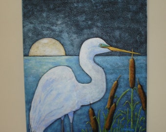 WHITE EGRET Painting - 18x24 deep edge canvas - Textured surface - Deep blue evening sky - Water's edge