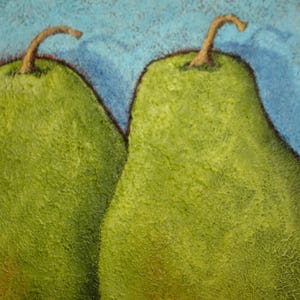 May include: Close-up of two green pears with brown stems against a light blue background. The pears have a textured surface and are painted with a slight shadow effect, suggesting a three-dimensional form. The artwork is a still life.