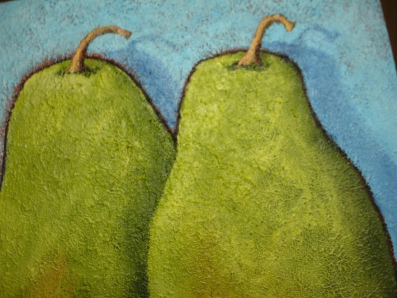 May include: Close-up of two green pears with brown stems against a light blue background. The pears have a textured surface and are painted with a slight shadow effect, suggesting a three-dimensional form. The artwork is a still life.