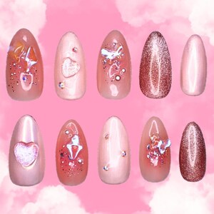 Lovesick | Pink, Korean Nails | Premium Handmade Reusable Gel Press On Nails | Instant Gel Manicure