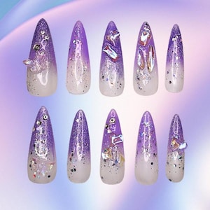 Purple Daze | Glitter, Purple Nails | Custom Shapes & Lengths | Premium Handmade Reusable Gel Press On Nails | Instant Gel Manicure