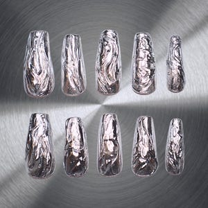 Liquid Metal | 3D Silver Chrome Nails | Custom Shapes & Lengths | Premium Handmade Reusable Gel Press On Nails | Instant Gel Manicure