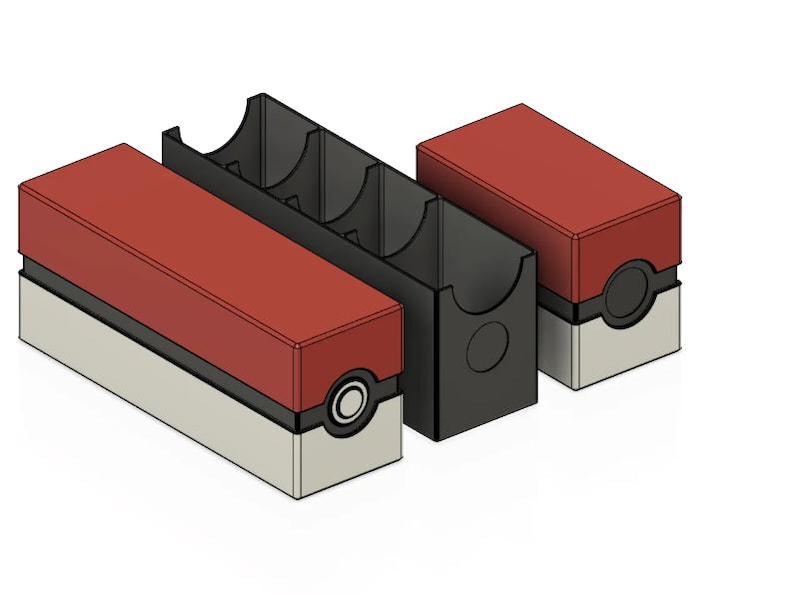 May include: A red and white box with a black and white Pokeball logo. The box is open and has three black compartments inside. The box is designed to hold trading cards.