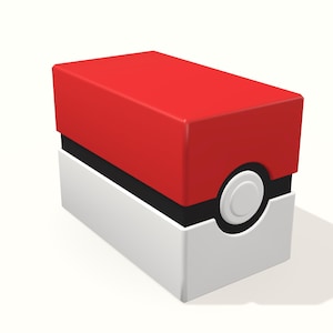 May include: A rectangular storage box designed with a red top half and a white bottom half, separated by a horizontal black band. A circular white button element is centered on the front black band, mimicking the appearance of a classic Poké Ball.