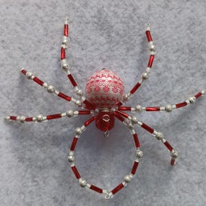 Beaded Spider Ornament Christmas Festive Red and White Sweater Print