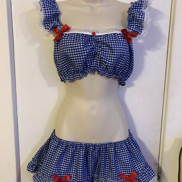 Vintage Blue Gingham Farm Girl Dorothy Crop Top Ruffle Mini Skirt