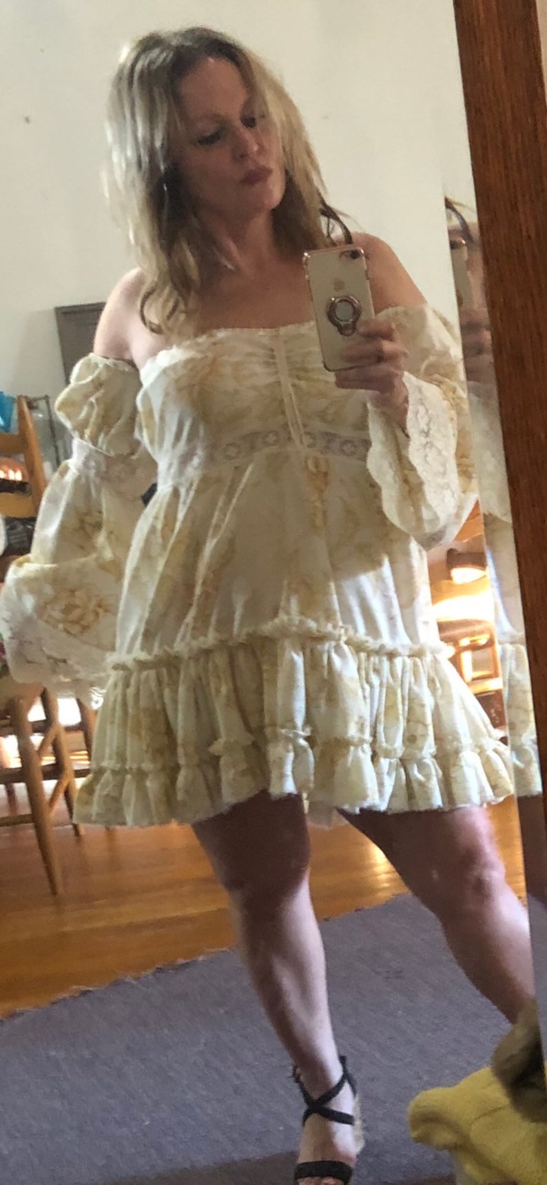 Marigold Vintage Yellow Floral Above the Knee Ruffled Baby Doll Dress Bohemian