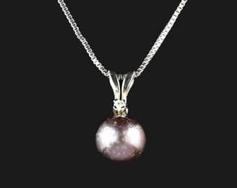 Vintage Diamond Pearl Necklace, 14K White Gold Diamond Black Pearl Pendant Necklace, Vintage Jewelry
