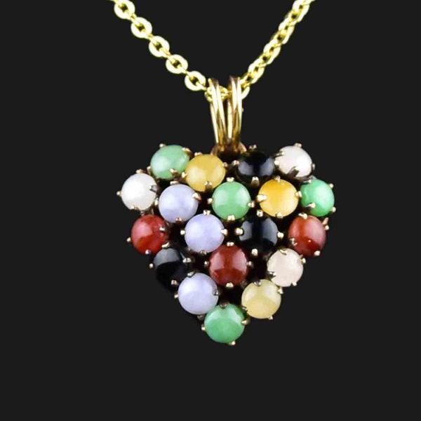 Jade Heart Pendant Necklace, 14K Gold Multi Colored Jade Gemstone Charm Pendant, Vintage Jewelry