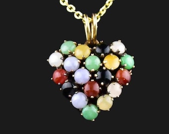 Jade Heart Pendant Necklace, 14K Gold Multi Colored Jade Gemstone Charm Pendant, Vintage Jewelry