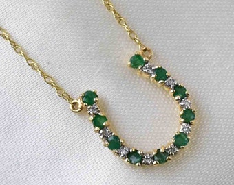 Diamond Emerald HorseShoe Pendant Necklace, 14K Gold Emerald Diamond Good Luck HorseShoe Charm, Equestrian Fine Vintage Jewelry