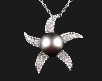 Vintage Diamond Black Pearl Necklace, 14K White Gold Diamond Black Pearl Starfish Pendant Necklace, Vintage Jewelry