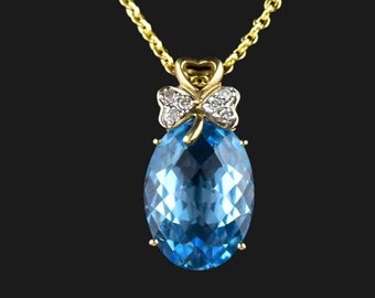 Vintage Diamond Topaz Pendant, Gold Diamond Three Leaf Clover Blue Topaz Pendant Necklace, Vintage Jewelry