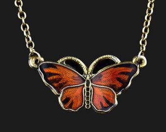 Vintage Guilloche Enamel Butterfly Necklace, Norway Ole Petter Rasch-Olsen Gold Vermeil Butterfly Necklace, Vintage Jewelry