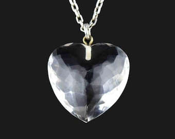 Vintage Rock Crystal Heart Necklace, Silver Faceted Rock Crystal Heart Pendant Necklace, Vintage Jewelry