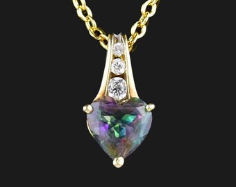 Mystic Topaz Heart Pendant, 10K Gold  Rainbow Gemstone Pendant Necklace, Dainty Fine Vintage Jewelry