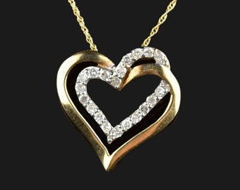 RESERVED Open Heart Diamond Pendant Necklace, 10K Gold Slider Heart Pendant, Double Heart Pendant, Fine Vintage Jewelry