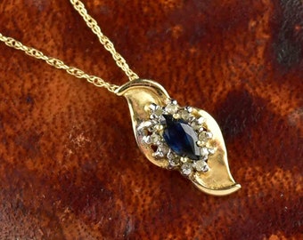 Vintage Sapphire Diamond Pendant Necklace, 10K Gold Diamond Marquise Cut Sapphire Halo Pendant Necklace, Vintage Jewelry