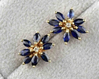 Diamond Sapphire Flower Stud Earrings, 14K Gold Sapphire Diamond Floral Starburst Studs, September Birthstone Vintage Jewelry