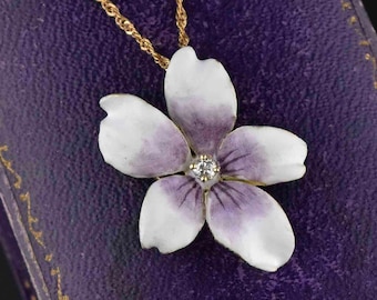 Diamond Enamel Flower Pendant Brooch, 14K Gold Violet Flower Pendant Art Nouveau Necklace, Vintage Jewelry
