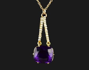 Antique Pearl Amethyst Lavaliere Necklace, 10K Gold Pearl Cushion Cut Amethyst Edwardian Pendant, Fine Vintage Jewelry