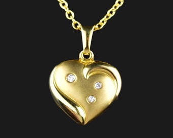 Vintage Diamond Heart Pendant Necklace, 14K Solid Gold Puffy Heart Pendant, Diamond Heart Charm, Fine Vintage Jewelry