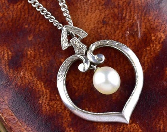 Silver Mikimoto Pearl Pendant Necklace, Silver Open Heart Pearl Drop Necklace, Pearl Necklace Pendant, Vintage Jewelry