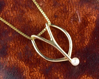 Vintage 14K Gold Horseshoe Pearl Necklace, Pearl Slider Pendant Necklace, Keepsake Bridal Necklace, Contemporary Vintage Wedding Jewelry