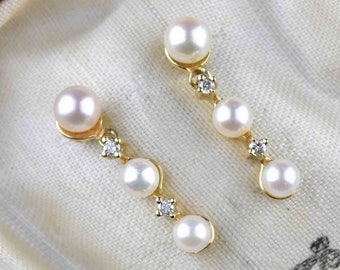 Vintage Diamond Pearl Earrings, 14K Gold Diamond Pearl Stud Drop Earrings, Bridal Jewelry, Vintage Jewelry