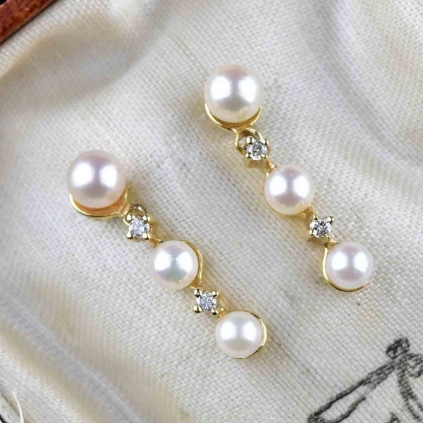 Vintage Diamond Pearl Earrings, 14K Gold Diamond Pearl Stud Drop Earrings, Bridal Jewelry, Vintage Jewelry