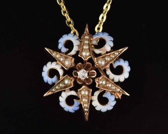 Antique Enamel Diamond Star Brooch, 14K Gold Pearl Star Brooch Pendant, Blue White Enamel Celestial Brooch, Edwardian Antique Jewelry