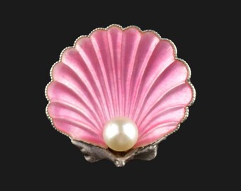 Vintage Pink Enamel Pearl Shell Brooch, Art Deco Silver Pink Enamel Pearl Clam Shell Brooch Pin, Vintage Jewelry