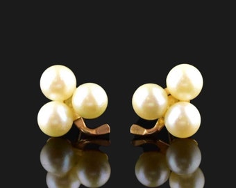 Pearl Clover Stud Earrings, 14K Gold Stud Clover Earrings, Cultured Pearl Vintage Earrings, Vintage Jewelry