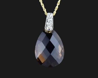 Smoky Quartz Diamond Pendant Necklace, 14K Gold Diamond Pear Cut Brown Quartz Topaz Pendant, Vintage Jewelry