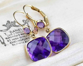 Vintage 14K Gold Amethyst Earrings, Cushion Cut Amethyst Drop Earrings, Purple Gemstone February Birthstone Earrings, Vintage Jewelry