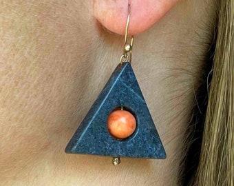 Vintage Coral Geometic Earrings, Gold Coral Blue Agate Triangle Drop Earrings, Vintage Jewelry