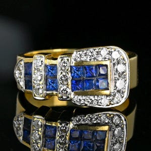 Vintage 18K Gold Buckle Ring, Diamond Sapphire Ring, .60 CTW Cushion Cut Sapphire Ring, Diamond Buckle Band Ring, Anniversary Ring