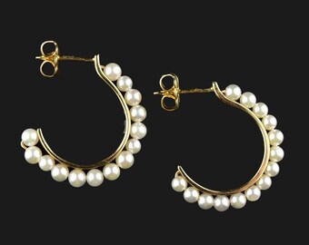 Vintage Gold Pearl Hoop Earrings, 14K Gold Half Hoop Pearl Earrings, Pierced Eearings, Vintage Jewelry